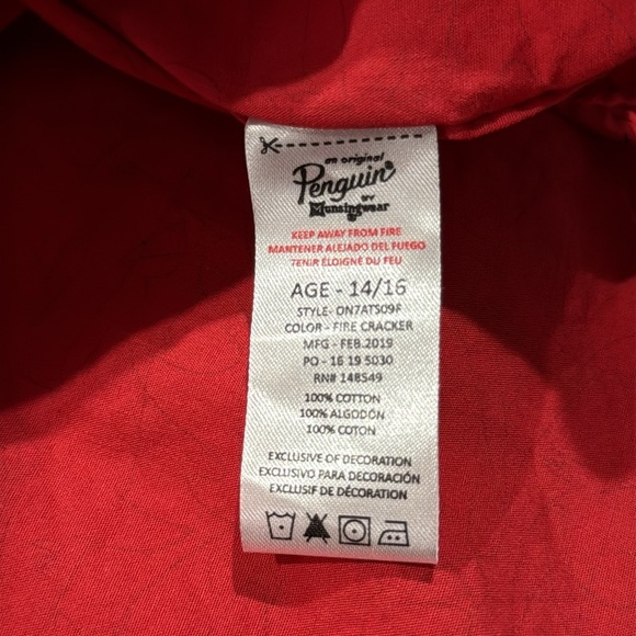Penguin Shirt Boys Short Sleeve Button Up All Over Shark Print Red 14/16 Cotton - Picture 5 of 6